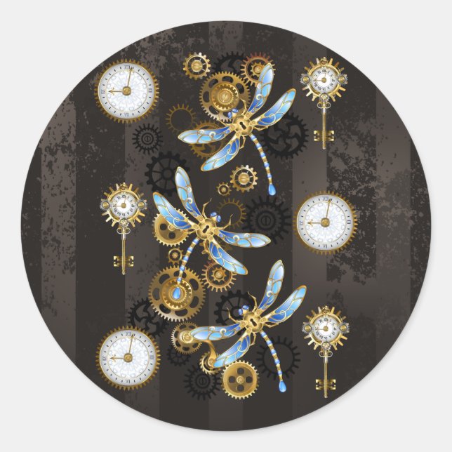 Steampunk Dragonflies on brown striped background Classic Round Sticker (Front)