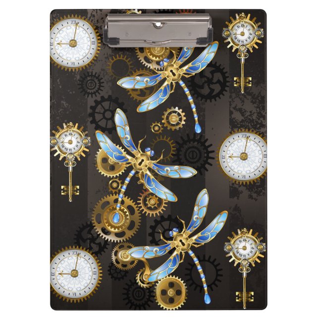 Steampunk Dragonflies on brown striped background Clipboard (Front)