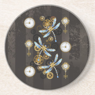 Steampunk Dragonflies on brown striped background Coaster
