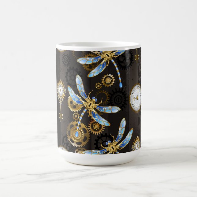 Steampunk Dragonflies on brown striped background Coffee Mug (Center)