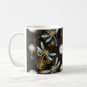 Steampunk Dragonflies on brown striped background Coffee Mug