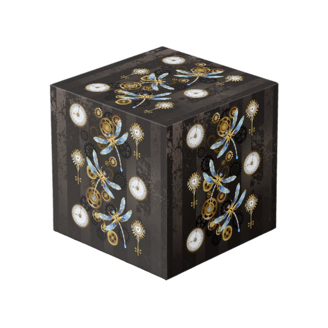 Steampunk Dragonflies on brown striped background Cube (Front Angled)