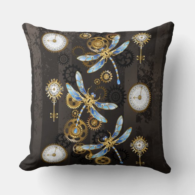 Steampunk Dragonflies on brown striped background Cushion (Front)