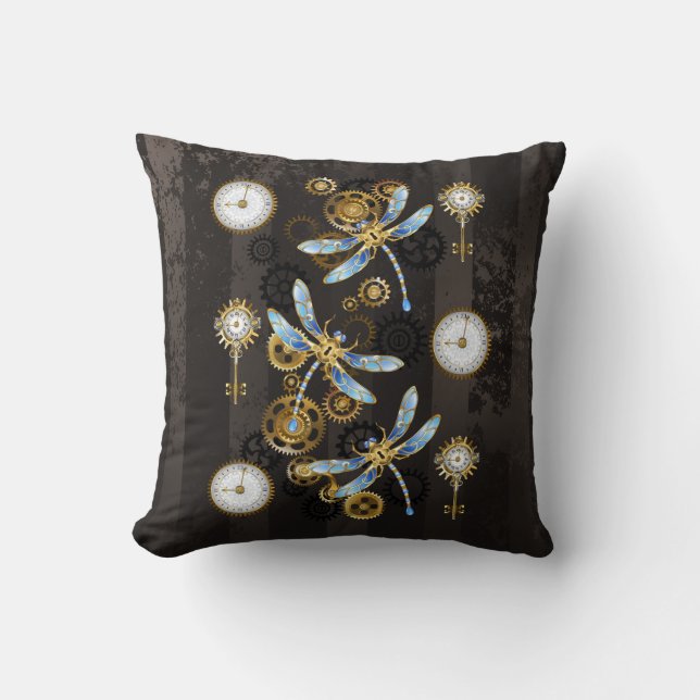Steampunk Dragonflies on brown striped background Cushion (Front)