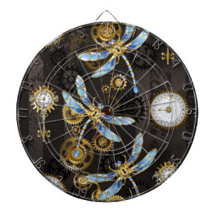 Steampunk Dragonflies on brown striped background Dartboard