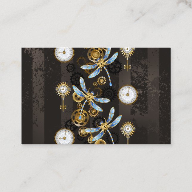 Steampunk Dragonflies on brown striped background Discount Card (Front)
