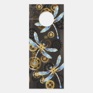 Steampunk Dragonflies on brown striped background Door Hanger