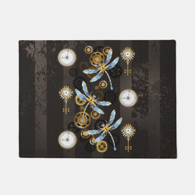Steampunk Dragonflies on brown striped background Doormat (Front)