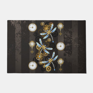 Steampunk Dragonflies on brown striped background Doormat