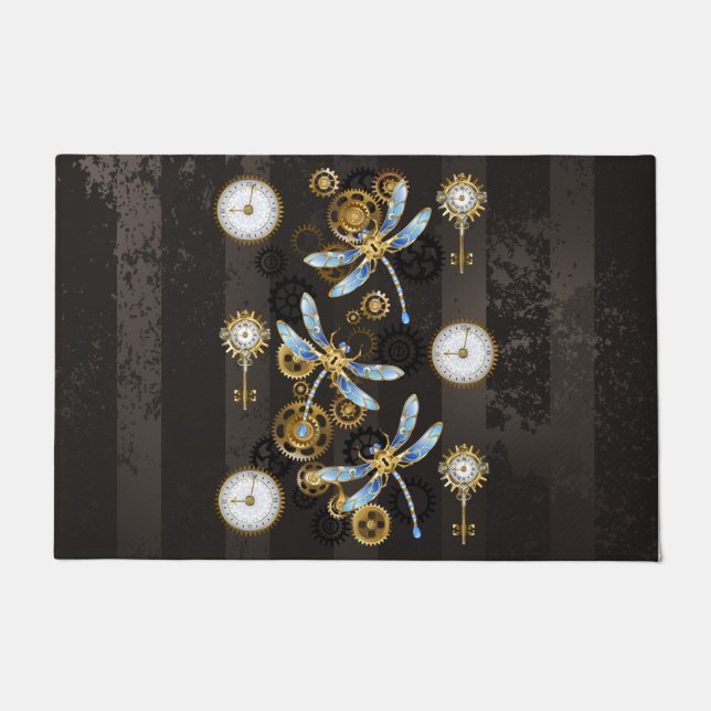 Steampunk Dragonflies on brown striped background Doormat (Front)