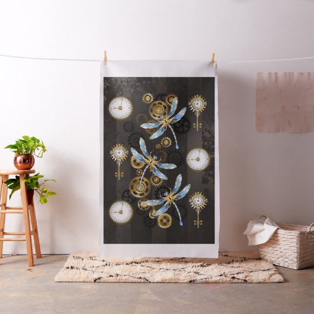 Steampunk Dragonflies on brown striped background Fabric (In Situ)