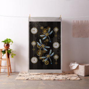 Steampunk Dragonflies on brown striped background Fabric