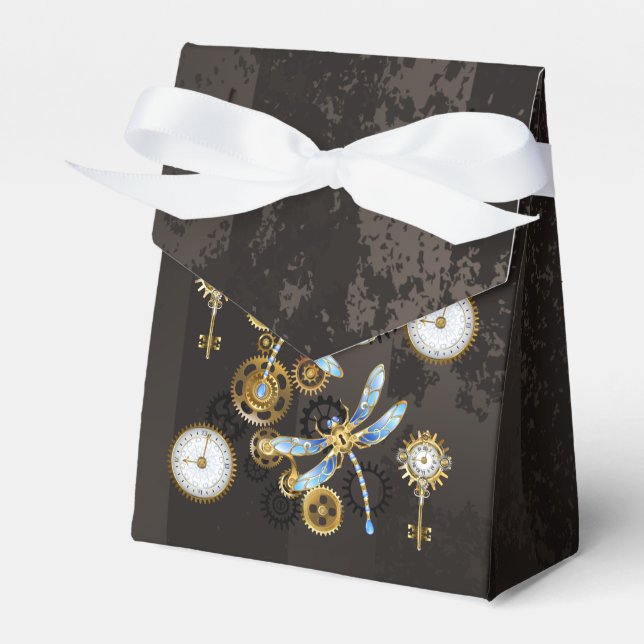 Steampunk Dragonflies on brown striped background Favour Box (Front Side)