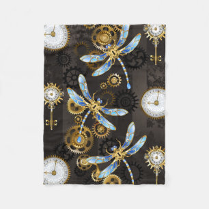 Steampunk Dragonflies on brown striped background Fleece Blanket