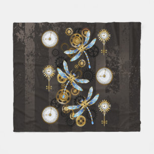 Steampunk Dragonflies on brown striped background Fleece Blanket