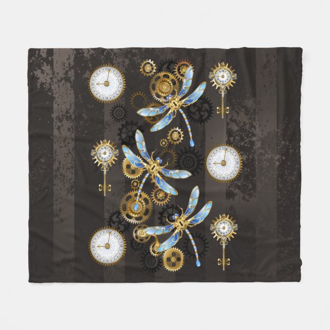 Steampunk Dragonflies on brown striped background Fleece Blanket (Front (Horizontal))