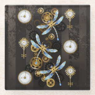 Steampunk Dragonflies on brown striped background Glass Coaster