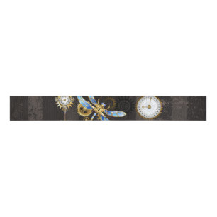 Steampunk Dragonflies on brown striped background Grosgrain Ribbon