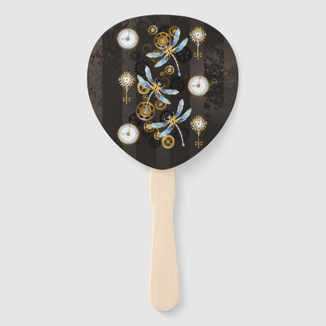 Steampunk Dragonflies on brown striped background Hand Fan (Front)