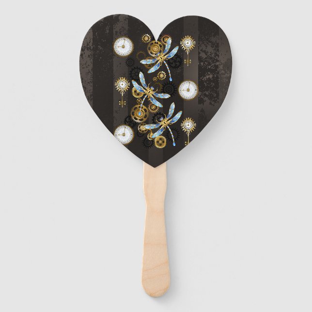 Steampunk Dragonflies on brown striped background Hand Fan (Front)