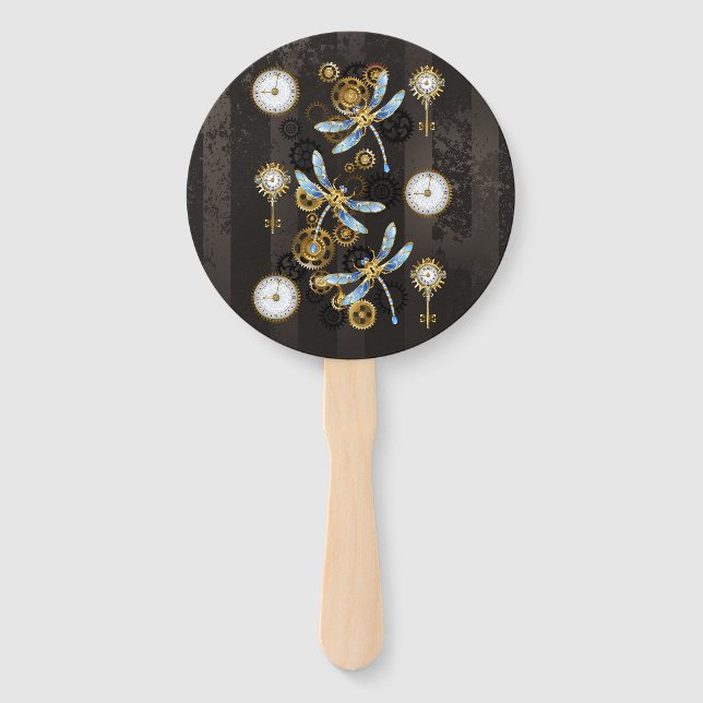 Steampunk Dragonflies on brown striped background Hand Fan (Front)