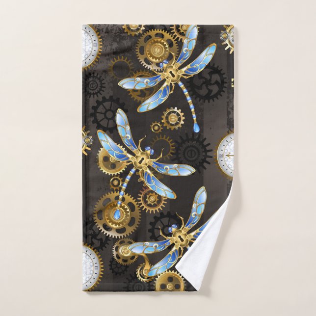 Steampunk Dragonflies on brown striped background Hand Towel (Hand Towel)