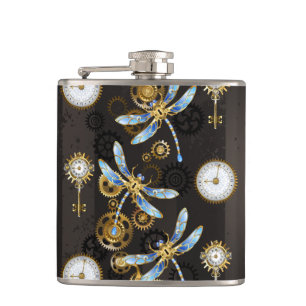 Steampunk Dragonflies on brown striped background Hip Flask