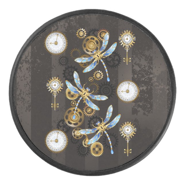 Steampunk Dragonflies on brown striped background Hockey Puck (Front)