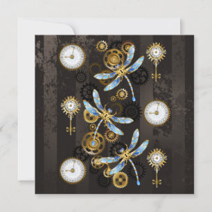 Steampunk Dragonflies on brown striped background Holiday Card