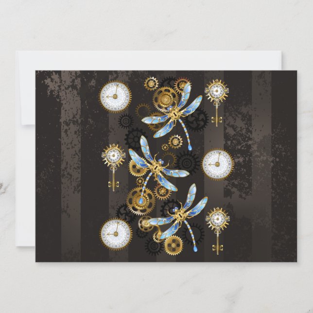 Steampunk Dragonflies on brown striped background Holiday Card (Front)