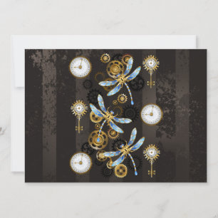 Steampunk Dragonflies on brown striped background Holiday Card