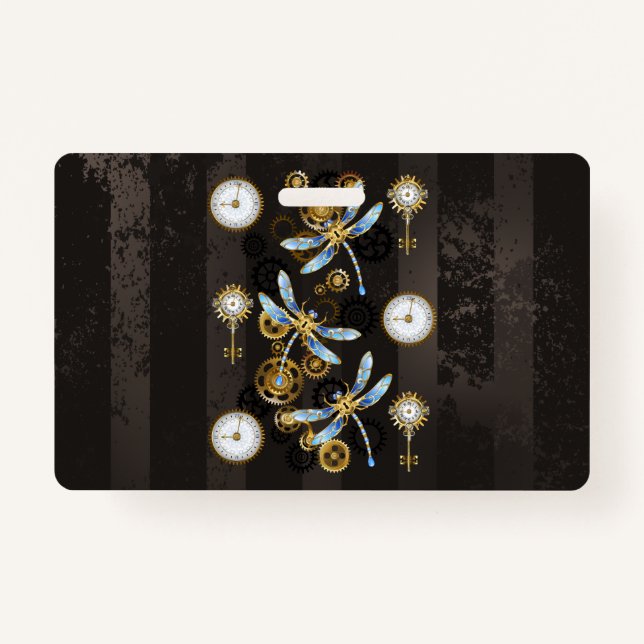Steampunk Dragonflies on brown striped background ID Badge (Front)