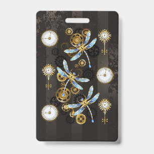 Steampunk Dragonflies on brown striped background ID Badge