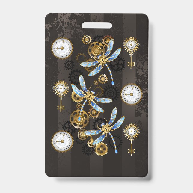 Steampunk Dragonflies on brown striped background ID Badge (Front)