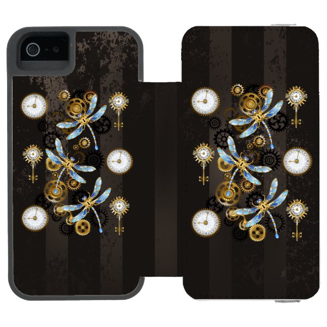 Steampunk Dragonflies on brown striped background Incipio iPhone Wallet Case (Folio Open)