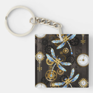 Steampunk Dragonflies on brown striped background Key Ring