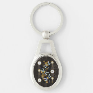 Steampunk Dragonflies on brown striped background Key Ring