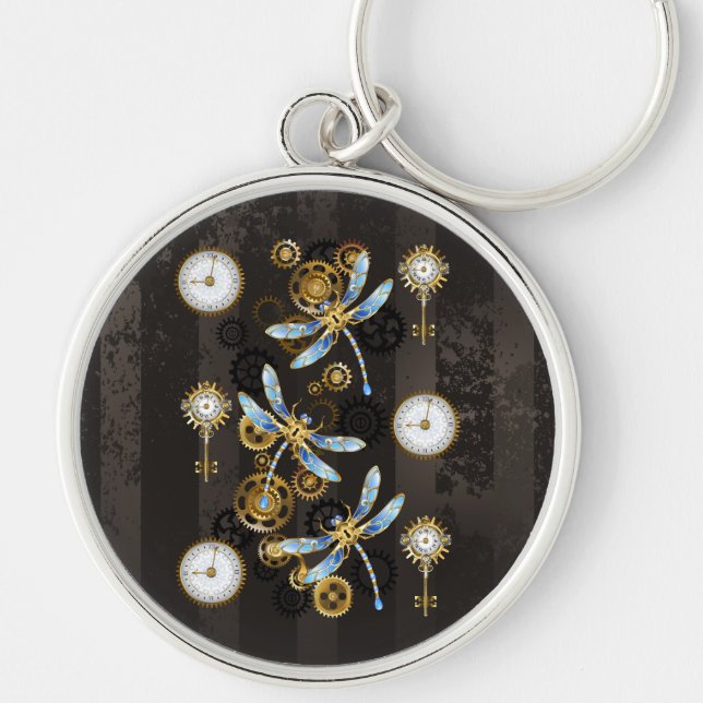 Steampunk Dragonflies on brown striped background Key Ring (Front)
