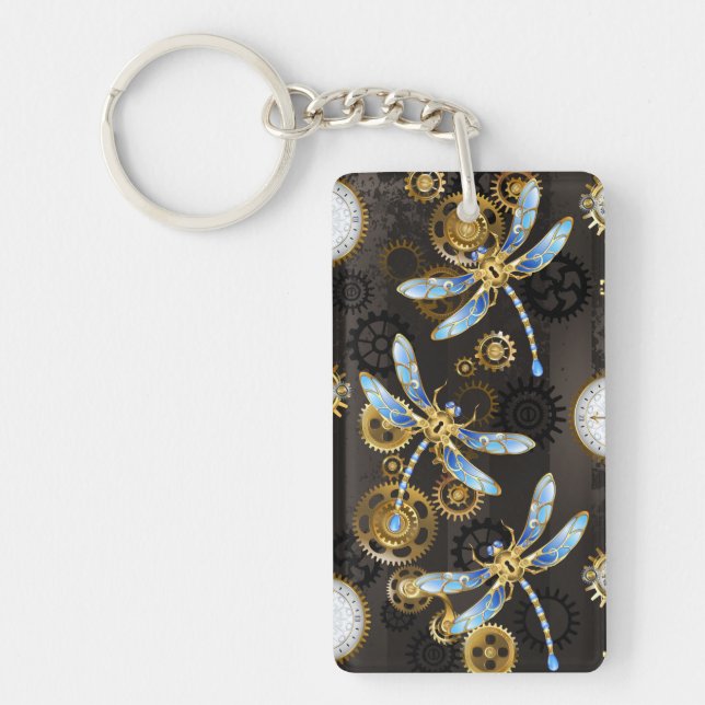 Steampunk Dragonflies on brown striped background Key Ring (Front)