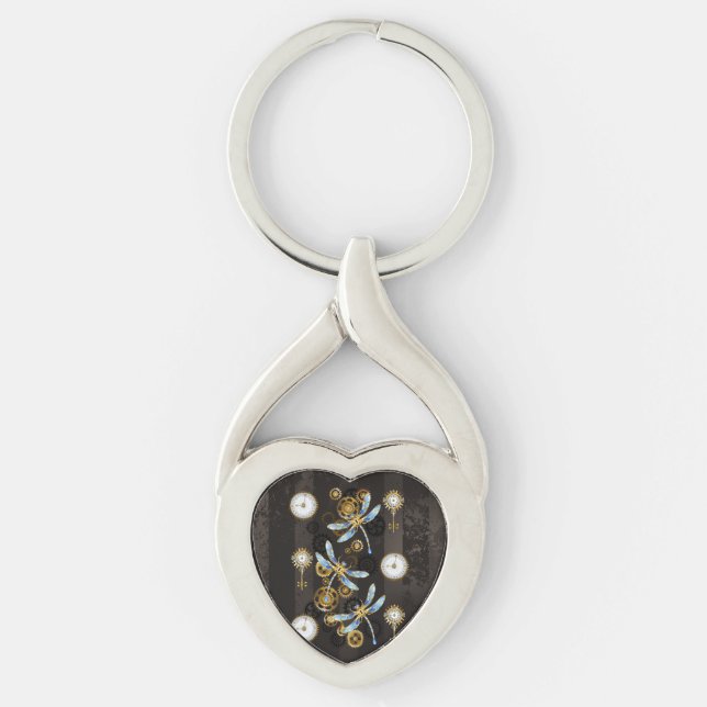 Steampunk Dragonflies on brown striped background Key Ring (Front)
