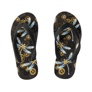 Steampunk Dragonflies on brown striped background Kid's Thongs