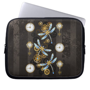 Steampunk Dragonflies on brown striped background Laptop Sleeve