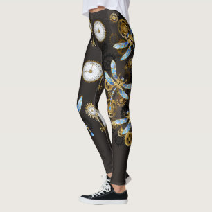 Steampunk Dragonflies on brown striped background Leggings