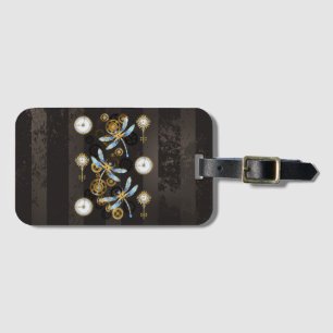 Steampunk Dragonflies on brown striped background Luggage Tag