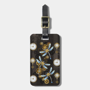 Steampunk Dragonflies on brown striped background Luggage Tag