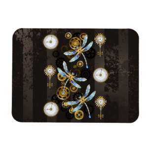 Steampunk Dragonflies on brown striped background Magnet