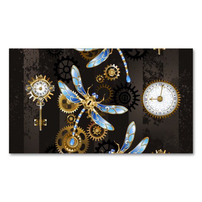 Steampunk Dragonflies on brown striped background Magnetic Business Card (Front)