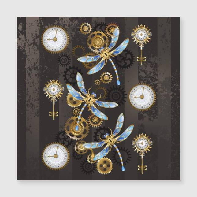 Steampunk Dragonflies on brown striped background Magnetic Invitation (Front)