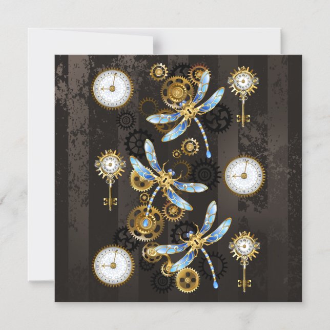 Steampunk Dragonflies on brown striped background Magnetic Invitation (Front)