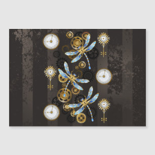 Steampunk Dragonflies on brown striped background Magnetic Invitation